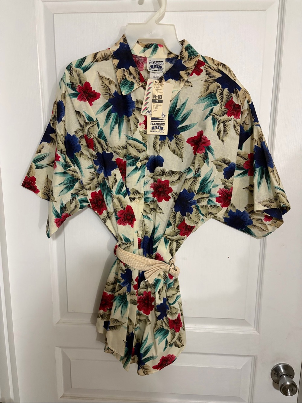 Vintage floral button up with vibrant tropical print with a cream colored belt